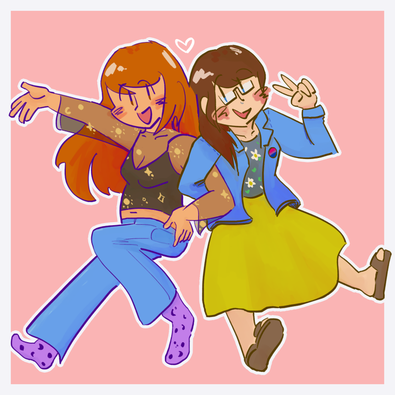 megan (long light brown hair, transparent starry black top with black spaghetti strap undershirt, low rise blue jeans and purple moon themed socks) and lina (long brown hair, blue denim jacket with bisexual pin, inner grey shirt with daisy pattern, long mustard skirt with brown sandals), interlocking hands and looking at each other while posing in a floating space. megan has their hand out as if presenting something, while lina is making a peace sign. the background is a light pink, framed with white border.